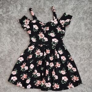 Black Dress with Pink Floral Print and Green Leaves